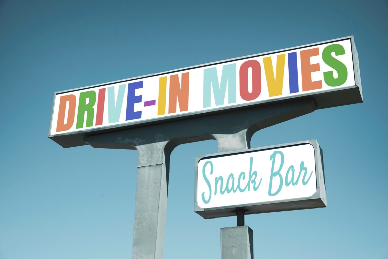 Colorful Retro Signs for Drive-in movie and snack bar. Brazos Drive in